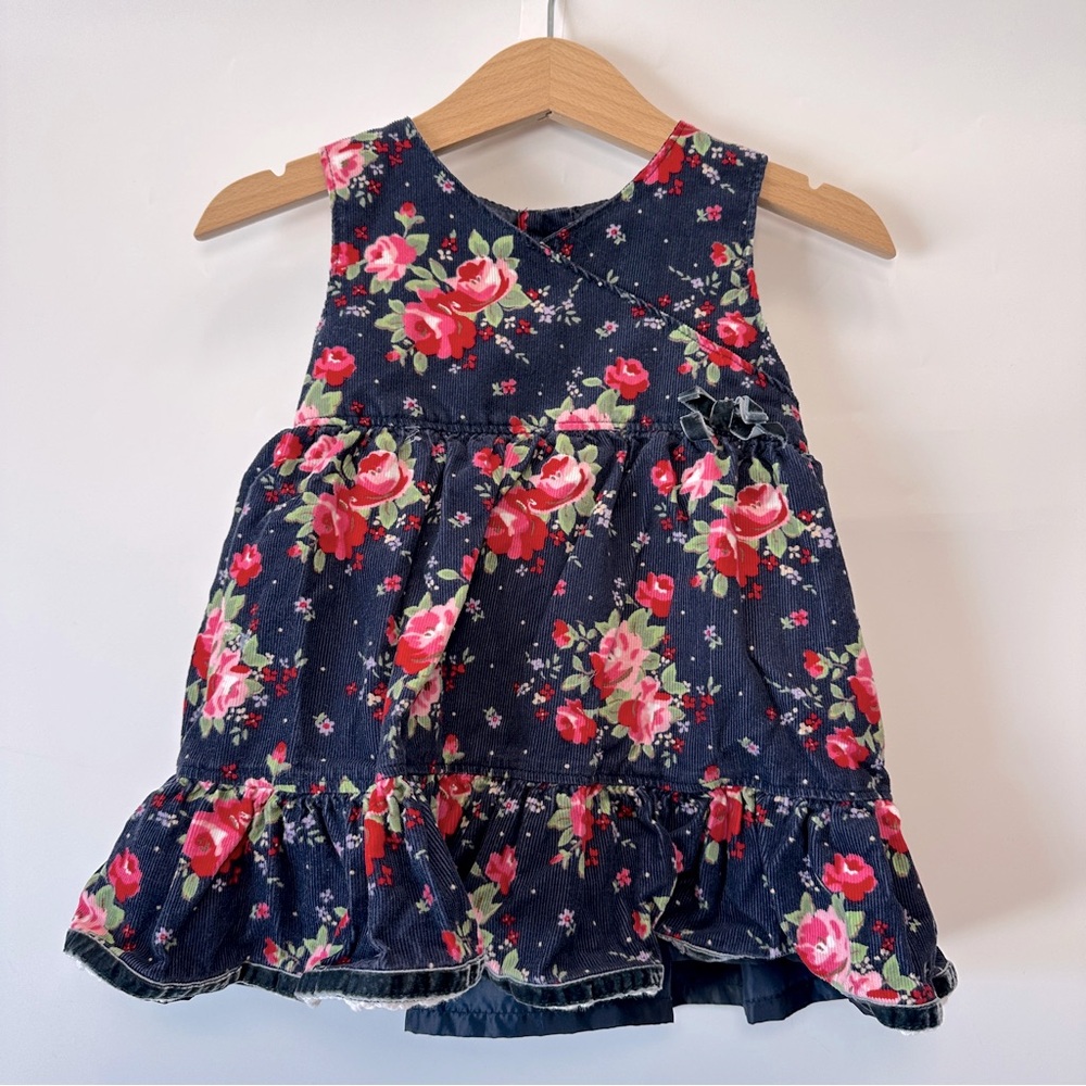 VTG OshKosh B’Gosh Baby‎ Girls 12M Corduroy Dress Cross Front Navy Roses Ruffle